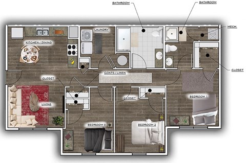 Floor plan for 3 beds, 2 baths, 1110 sqft